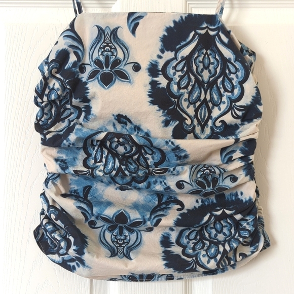 Zara Tie Dyed & Paisley Printed Square Neck Ruched Side Tank Top Blue Beige S - Picture 6 of 10